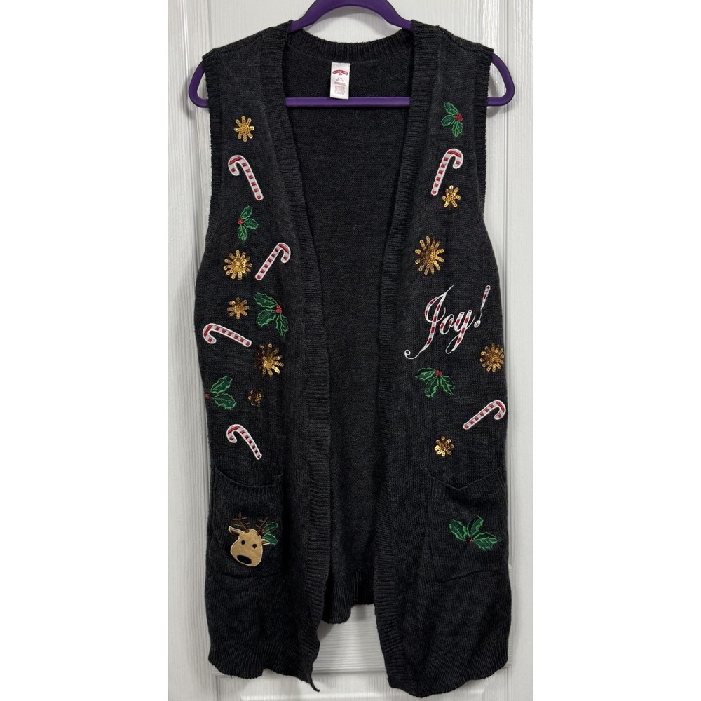 Holiday Time Christmas Long Charcoal Gray Open Front Vest Large